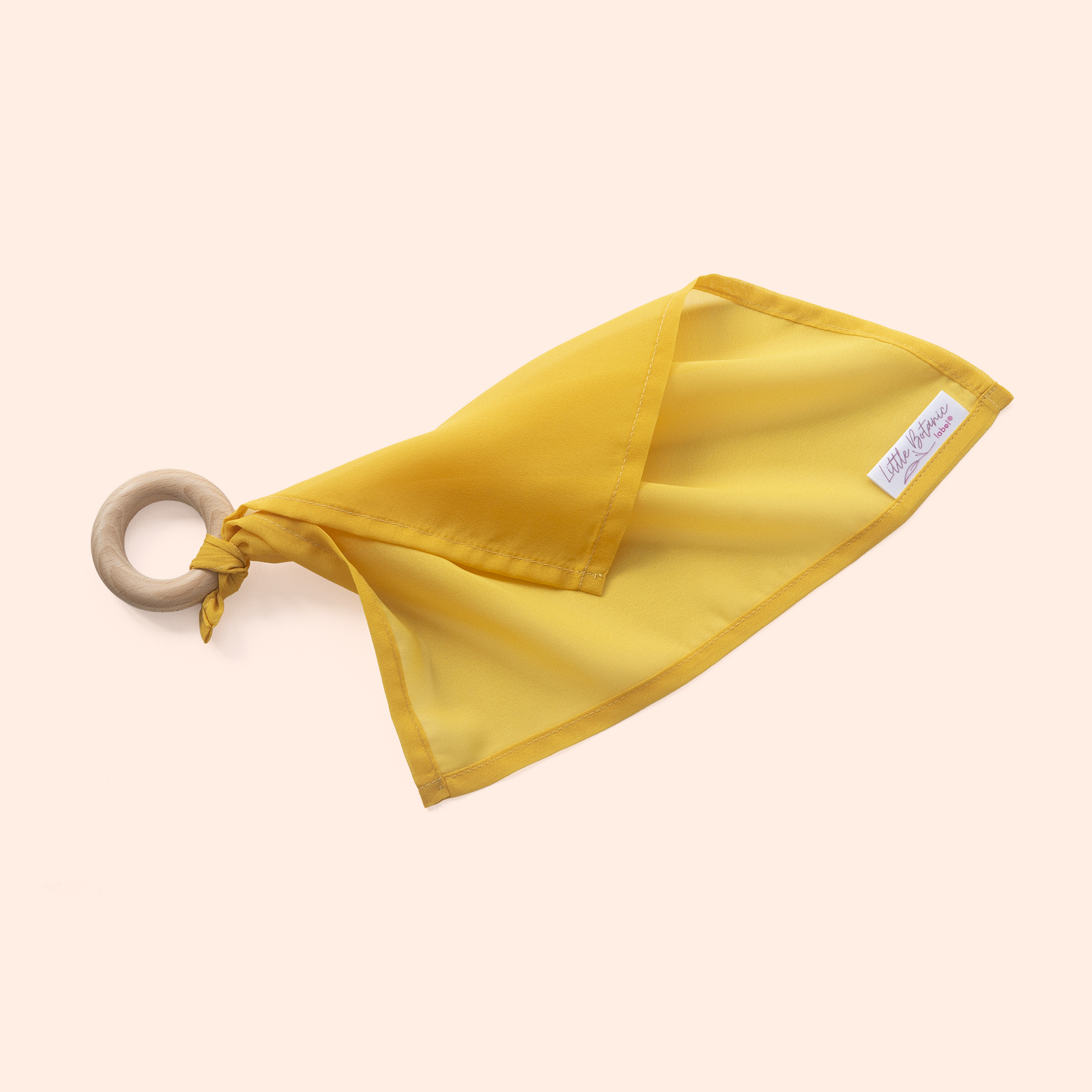 Baby speeldoekje aan houten bijtring geel