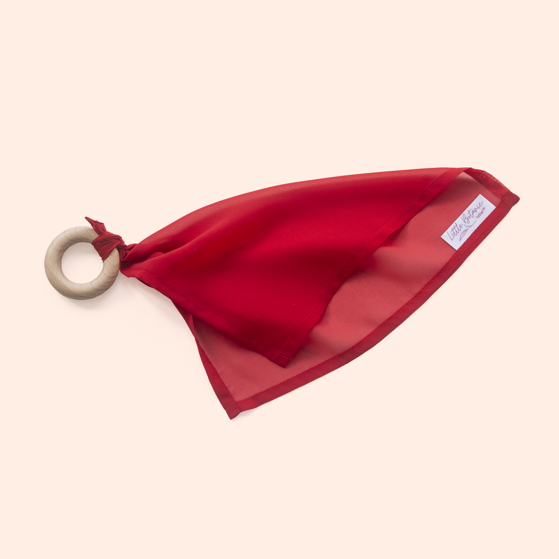 Baby speeldoekje aan houten bijtring rood